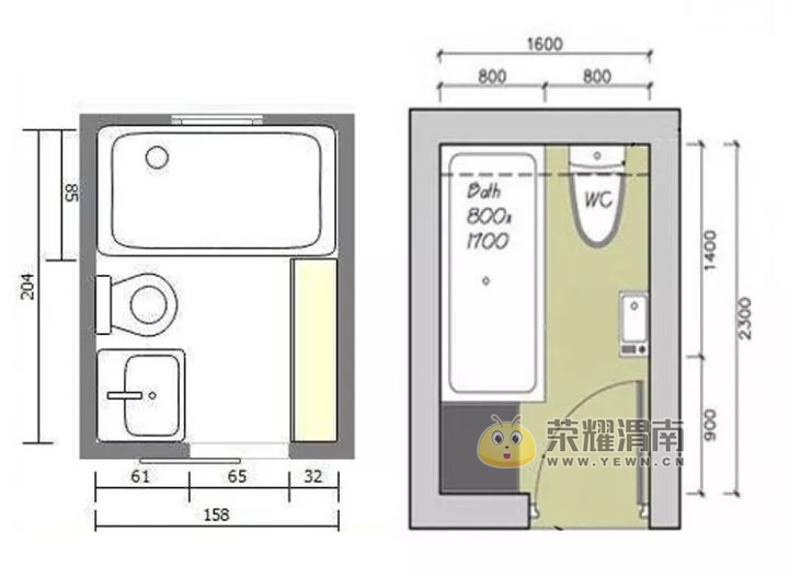 长方形的卫生间可以像下面这样布局,遵循了逐步深入的布置法.