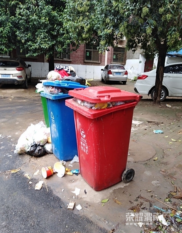 车雷小区内国庆期间垃圾无人清理,都从垃圾桶里溢出来了.